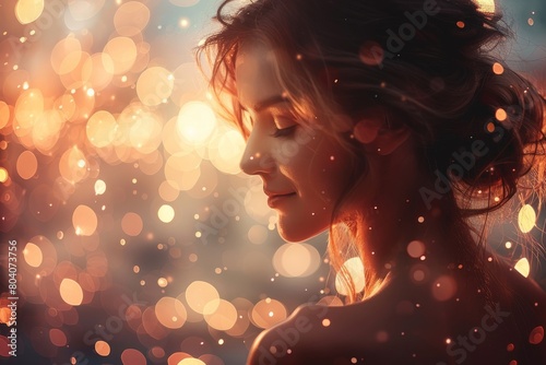 The image portrays a woman with her face obscured and her hair backlit by a glittering, bokeh-filled backdrop