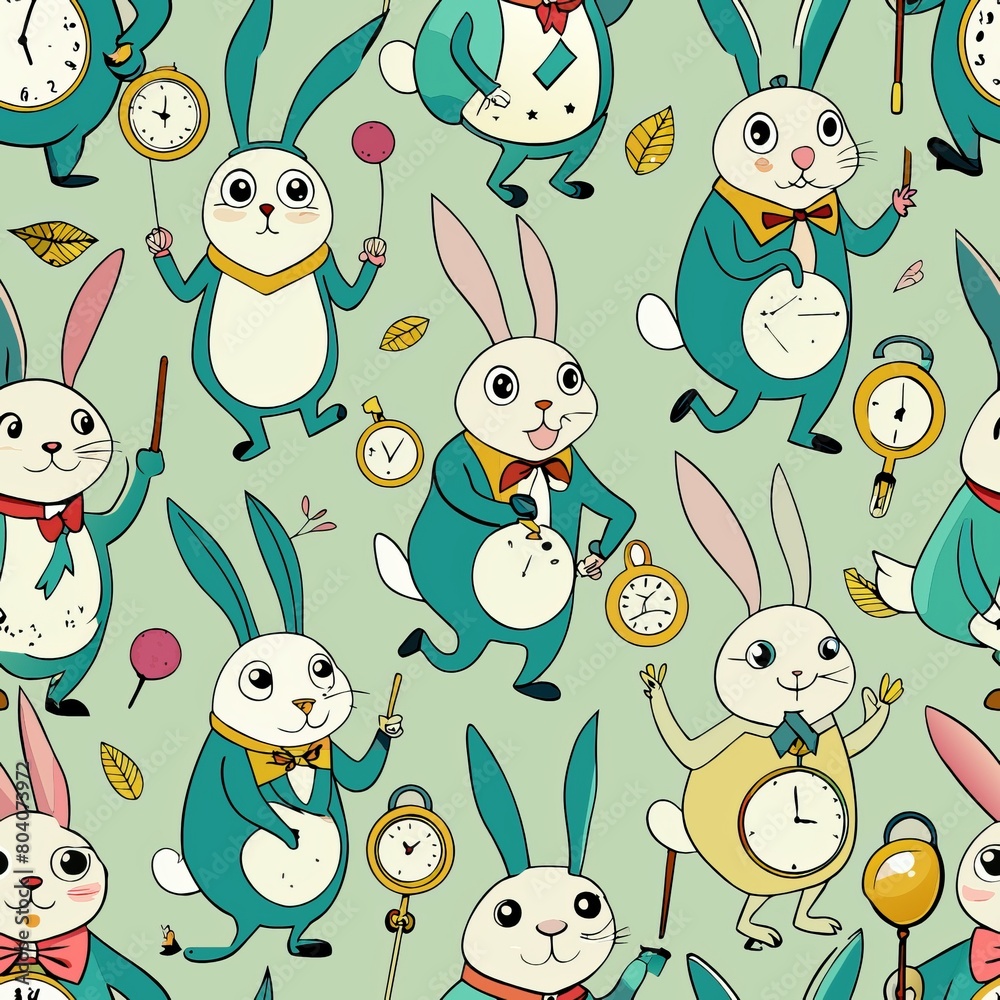Seamless pattern of whimsical rabbits and their pocket watches, Generative AI Seamless pattern of whimsical rabbits and their pocket watches, Generative AI