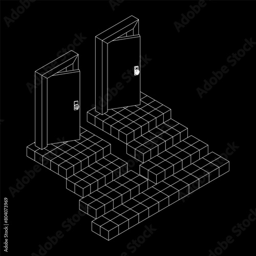 Stairway path to open door. Steps leading into the future concept. Wireframe low poly mesh vector illustration