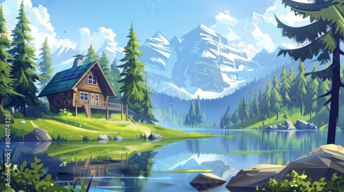 Cartoon modern scene of forest lake house near mountain. Summer hut on stilt near pond and pine trees. Wooden cottage hotel construction in nature for vacation.