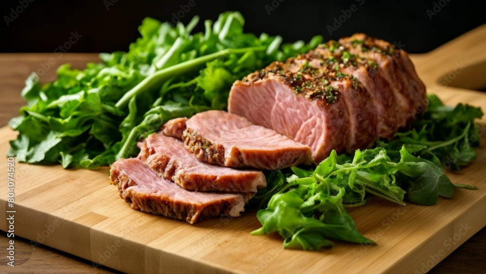 Deliciously prepared meat and greens ready to be savored Deliciously prepared meat and greens ready to be savored