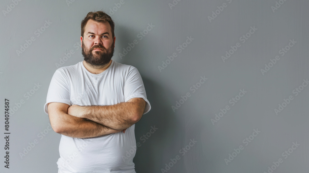 A man has changed his lifestyle from being overweight to slimmer, he is now standing against a grey background. A man has changed his lifestyle from being overweight to slimmer, he is now standing against a grey background.