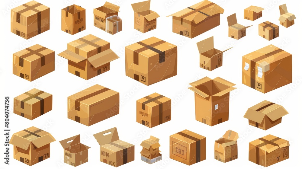 Set of 3D cardboard boxes isolated on white background. Modern realistic illustration of parcel delivery package, closed and open packaging, and product storage at a warehouse.