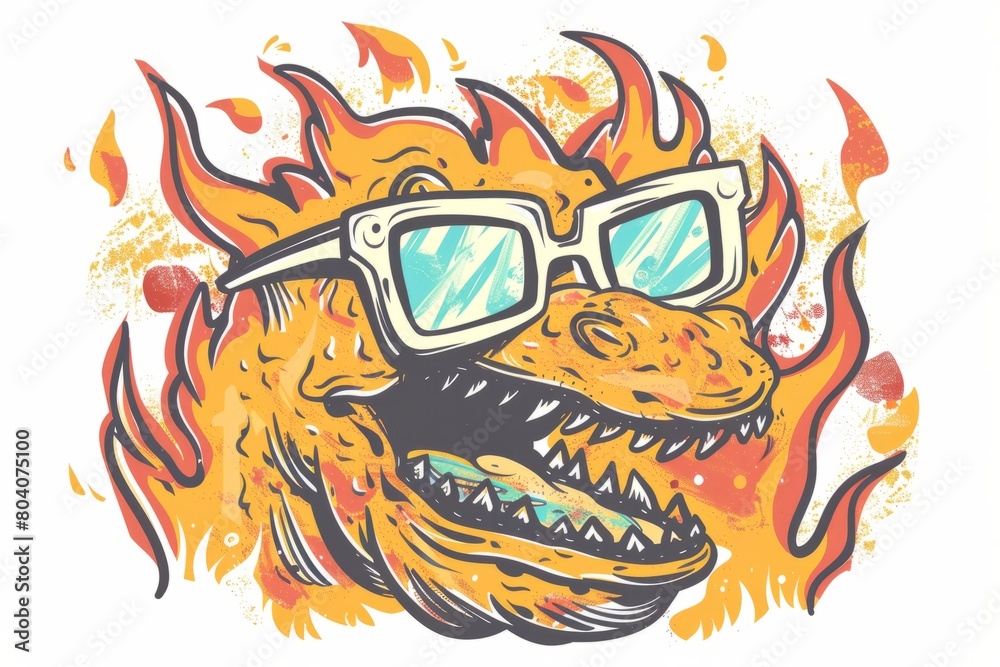 Obraz premium Cartoon cute doodles of a kaiju wearing oversized glasses, accidentally melting them with its fiery breath, Generative AI