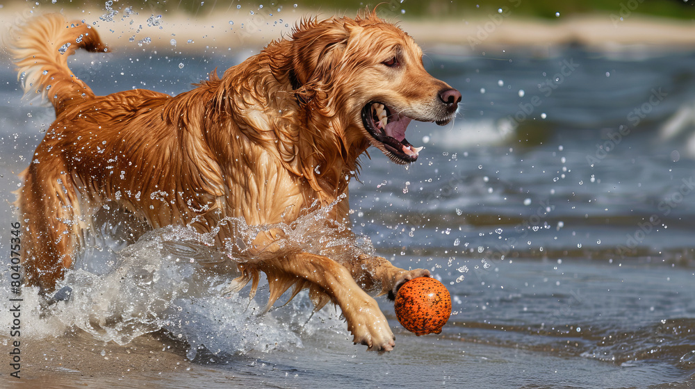 A dog is playing with a ball in the water
