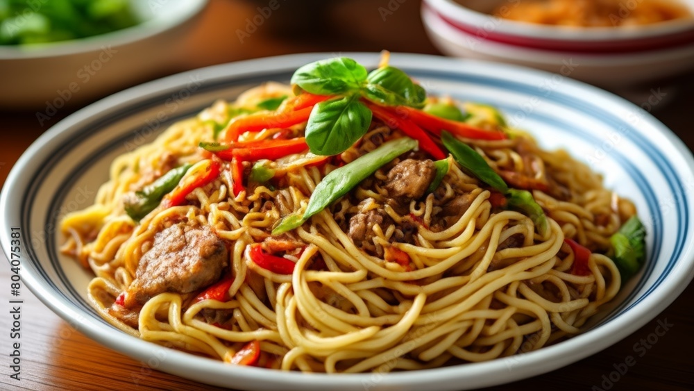 Delicious Asian noodle dish with vibrant toppings Delicious Asian noodle dish with vibrant toppings