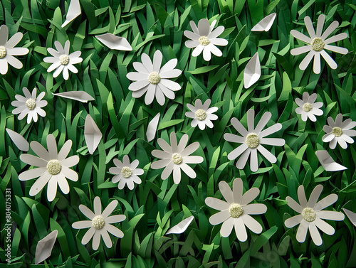 White daisies bloom amidst lush green grass in a serene garden, capturing the beauty of nature in summer