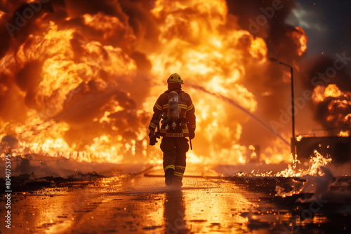 A firefighter walks towards a massive fire with flames and smoke billowing from it.