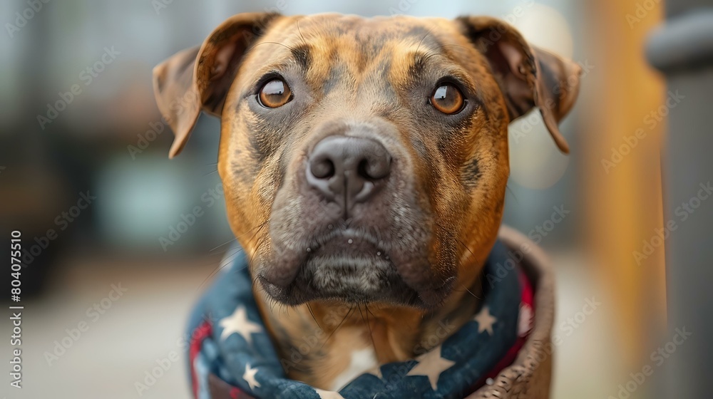 Patriotic Pitbull: Close-Up Portrait of a Canine Companion with a Patriotic Garment Patriotic Pitbull: Close-Up Portrait of a Canine Companion with a Patriotic Garment