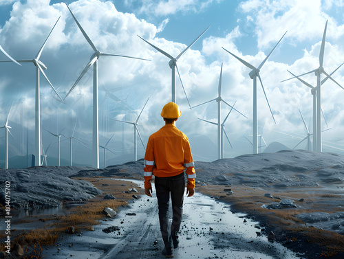 Engineer working at windmill farm Generating electricity clean energy. Alternative Energy. Wind farm. Clean renewable energy technologies. Wind power plants photo