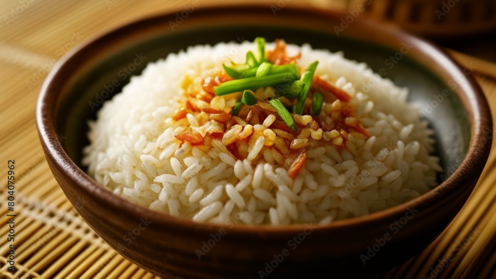 Deliciously seasoned rice with vibrant toppings Deliciously seasoned rice with vibrant toppings