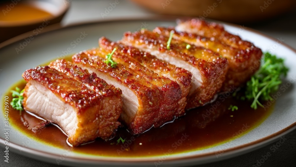 Deliciously glazed pork belly ready to be savored Deliciously glazed pork belly ready to be savored