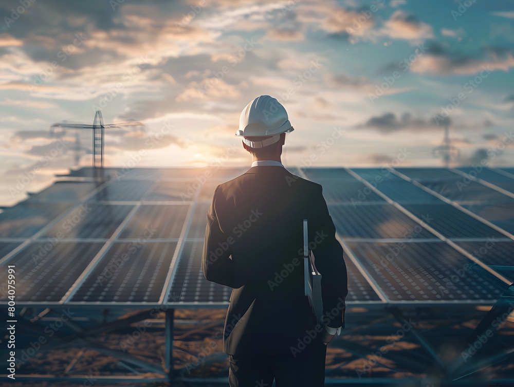 Professional engineer working at solar panels and solar power generating station. Clean renewable energy technologies. Photovoltaic power station concept Professional engineer working at solar panels and solar power generating station. Clean renewable energy technologies. Photovoltaic power station concept
