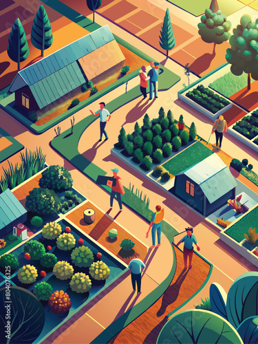 Colorful Illustration of Community Garden Activities on Sunny Day