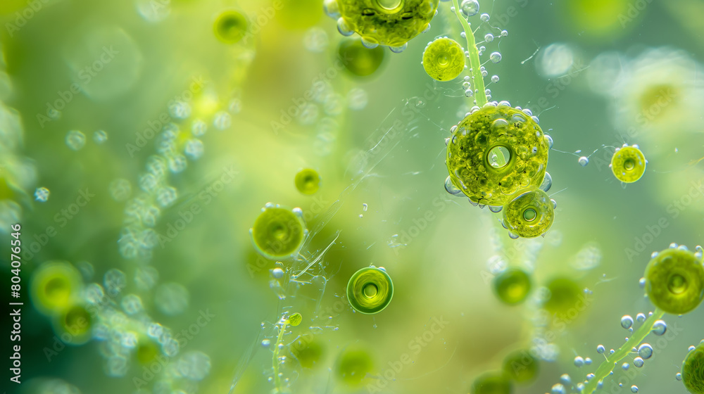 An abstract microscopic view of vivid green bubbles underwater, evoking a sense of scientific exploration