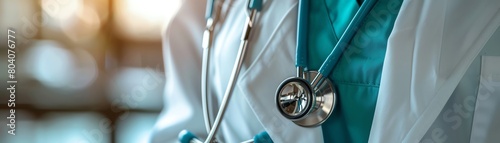 Classic stethoscope hanging from the pocket of a white doctors coat, symbolizing medical authority and responsibility photo