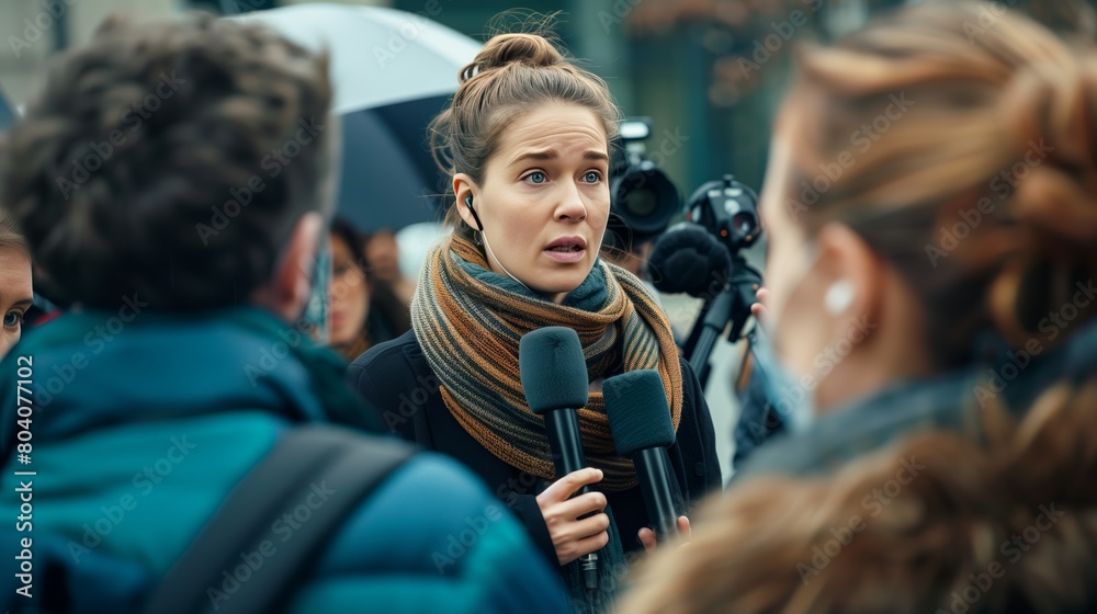 Journalist with microphones interviewing woman person