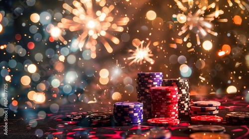 Poker chips with fireworks for winning concept