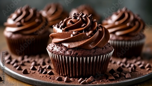  Chocolate cupcakes with rich frosting and chocolate chips ready to indulge photo
