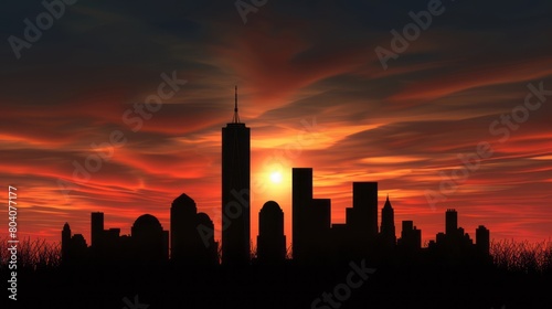 New York City skyline at sunset.