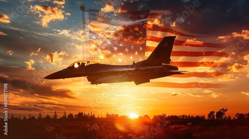 Memorial Day,  Fighting Falcon soars through the sky above the American flag.