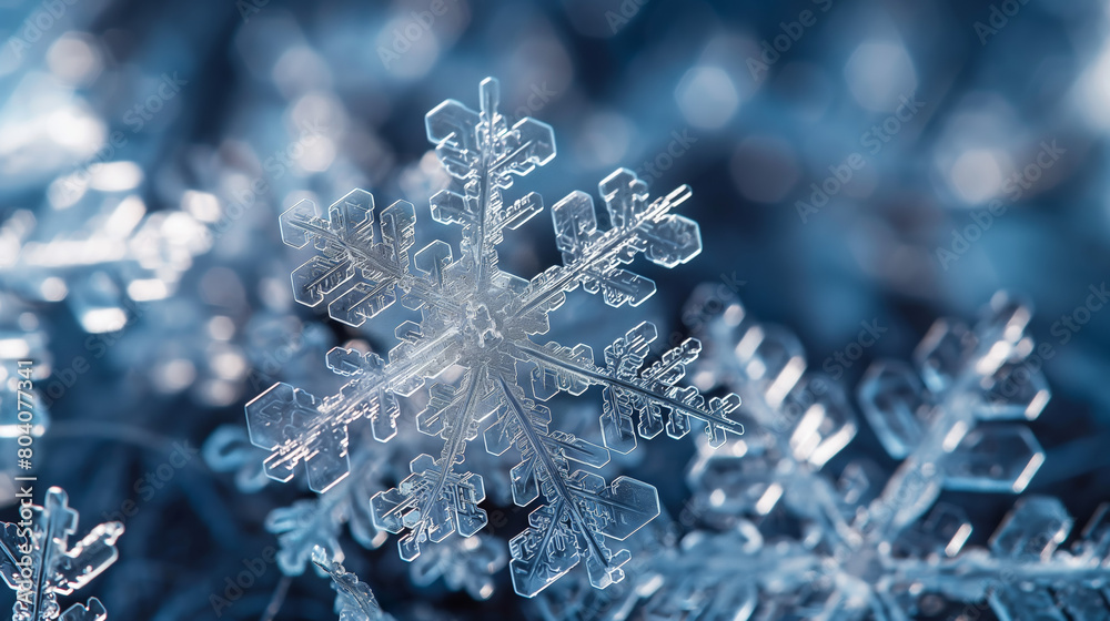 A detailed macro photograph captures the unique and intricate structure of a snowflake against a blue background, showcasing the natural beauty of ice crystals A detailed macro photograph captures the unique and intricate structure of a snowflake against a blue background, showcasing the natural beauty of ice crystals
