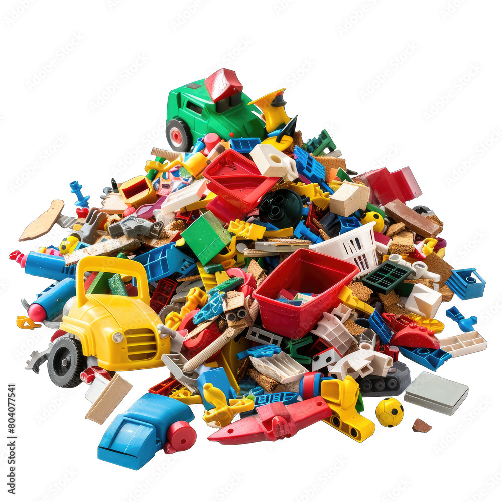 A pile of broken toys isolated on transparent background