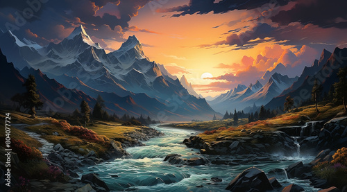 The beauty landscape of the nature. illustration design mountains and small river on the horizon