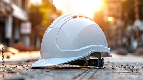 White hard hat on construction site with blurred background. Safety first concept. © Wanlop