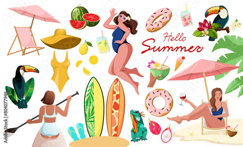 A set of summer elements and beautiful women on a white background. Cartoon vector illustration.
