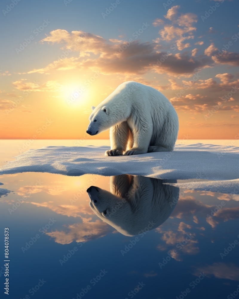 Polar bear standing on the ice in the middle of the ocean with beautiful sunset.