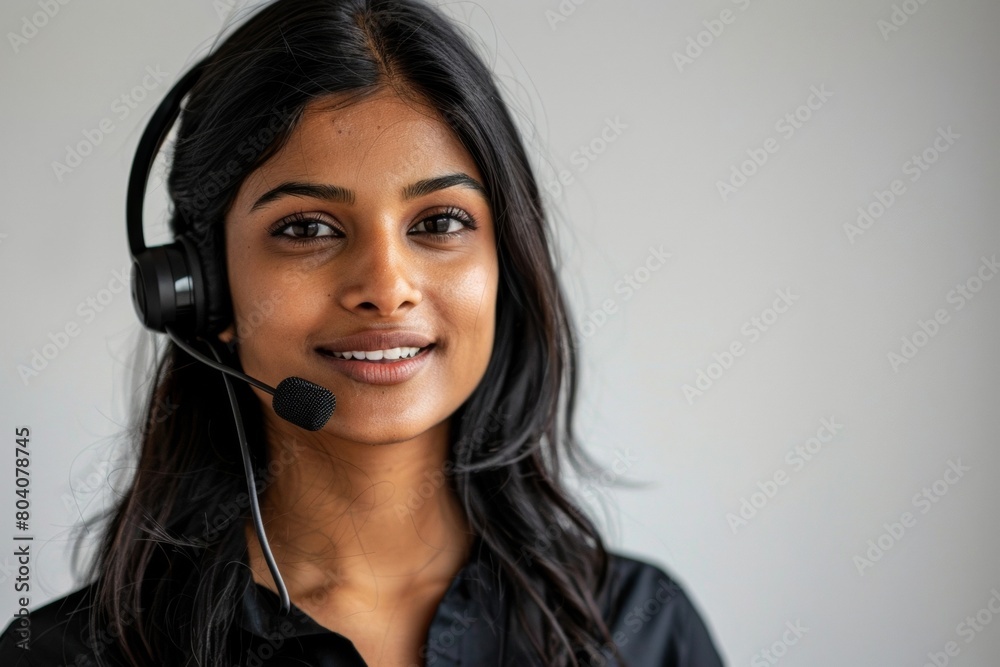 Female Indian Call Center Employee in Black Uniform, White Background - Corporate Services, Customer Care, Global Operations Female Indian Call Center Employee in Black Uniform, White Background - Corporate Services, Customer Care, Global Operations