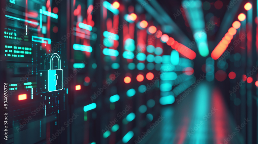 Data Security Concept in Server Room . Close-up of a secure padlock icon on the digital screen of a server room, symbolizing data security and cyber protection.