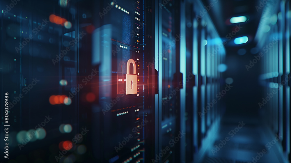 Data Security Concept in Server Room . Close-up of a secure padlock icon on the digital screen of a server room, symbolizing data security and cyber protection. Data Security Concept in Server Room . Close-up of a secure padlock icon on the digital screen of a server room, symbolizing data security and cyber protection.