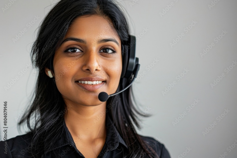 Female Indian Call Center Employee in Black Uniform, White Background - Corporate Services, Customer Care, Global Operations Female Indian Call Center Employee in Black Uniform, White Background - Corporate Services, Customer Care, Global Operations