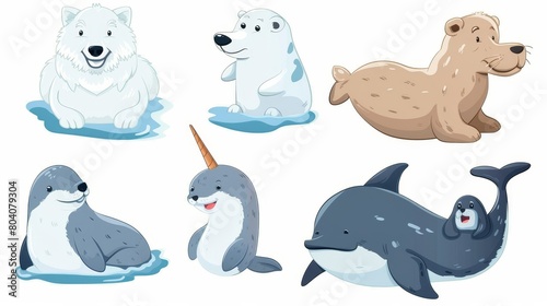 Illustration set of cartoon wild animals of the North Pole - white wolf  swimming beluga  narwhal  big brown harbor  small harp seal.
