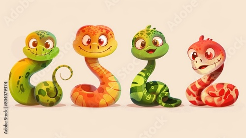 Funny cartoon snake character modern. Python  cobra  and viper reptiles isolated on white background. Crawling tropical zoo animal baby kid image design. Samsa species mascot.