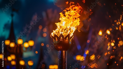 A burning torch in the shape of petals against the backdrop of a night city. Glare and bokeh effect