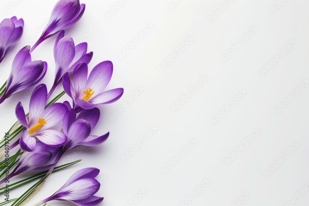 Crocus flowers on a white empty background with copy space. Floral background