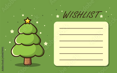 Vector wishlist template with copy space. Cartoon green christmas tree with black outline.