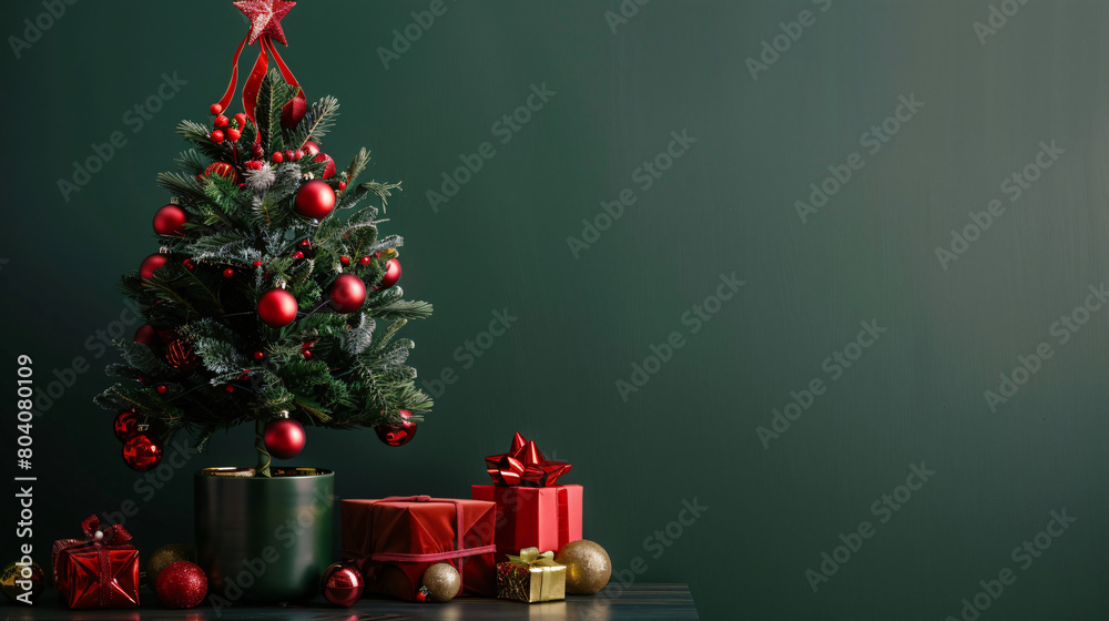 Beautiful Christmas tree in pot with gifts on table ag