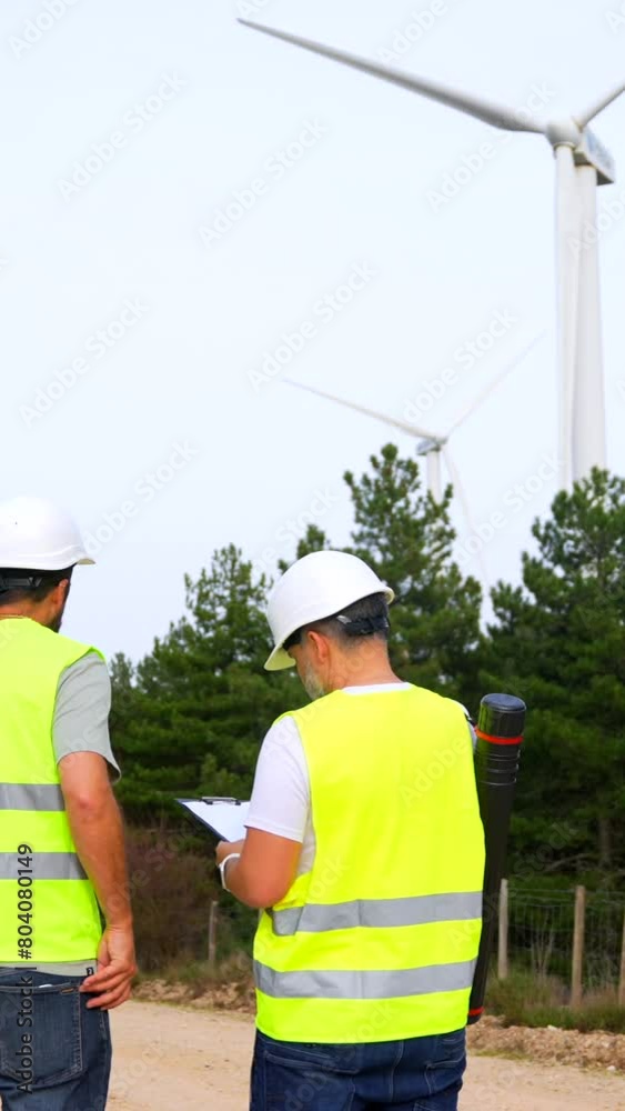 Technicians inspecting wind turbines in a green energy park talking to the mobile and taking notes Technicians inspecting wind turbines in a green energy park talking to the mobile and taking notes