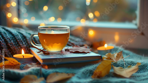 Beautiful composition with burning candles cup of tea