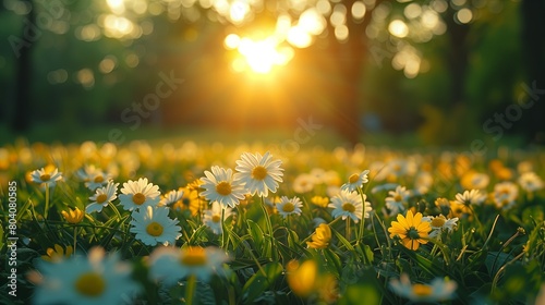 Beautiful daisies in the park at sunset. Nature background