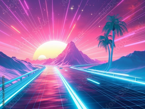 Vibrant retro-futuristic landscape with neon lights and palm tree against a mountain backdrop and sunset sky. © cherezoff