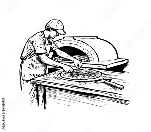 Pizzaiolo preparing pizza near oven. Black and white outline on white background. Hatching.