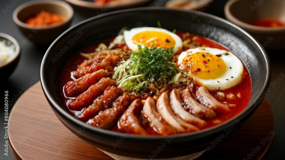 Delicious Asian noodle soup with egg and herbs Delicious Asian noodle soup with egg and herbs