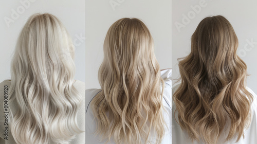 Before and after blonde hair coloring. Transformation of a young woman's long, wavy hair color three photos.