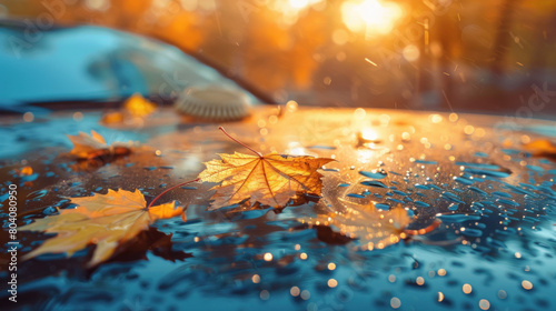 Autumn leaves rest on a car windshield under a brush, bathed in the soft glow of the setting sun. The image evokes ideas of cleaning products, polishing, and anti-rain treatments.