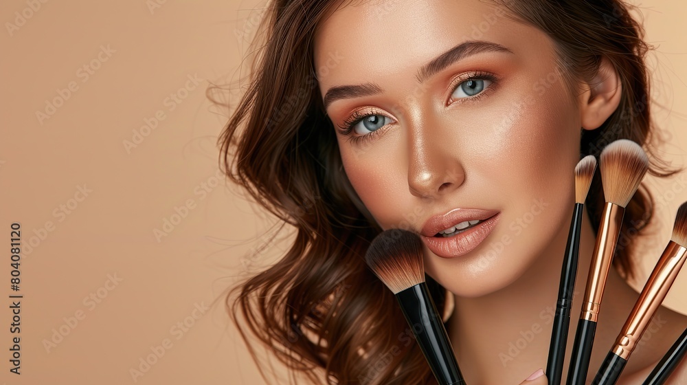 Beautiful young woman with makeup brushes on beige background. copy space for text. Beautiful young woman with makeup brushes on beige background. copy space for text.